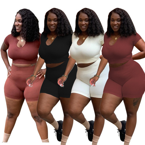 Plus Size Women Solid Color Top And Shorts Two-Piece