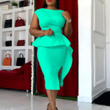 Plus Size Women Summer Solid Color Tight Ruffled Pleated Bodycon Dress