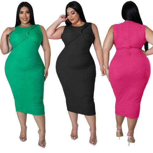 Plus Size Women Fashion Solid Color Sleeveless Round Neck Back Zipper Dress