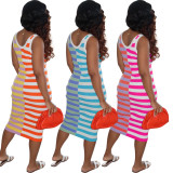 Women Summer Sexy Stripes Colorblock Sleeveless Midi Dress