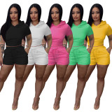Damen-Sommer-Kurzarm mit Kapuze, einfarbig, zweiteiliges Shorts-Set