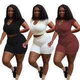 Plus Size Women Solid Color Top And Shorts Two-Piece