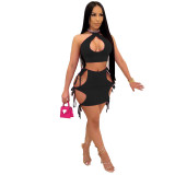 Summer Sexy Women Hollow Lace-Up Top And  Mini Skirt Two-Piece Set