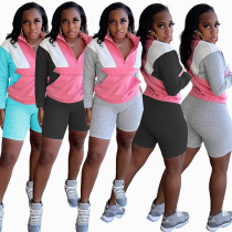 Women Spring Color Blocking Zipper Long Sleeve Tops And Shorts Sports Two-Piece Set