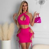 Summer Sexy Women Hollow Lace-Up Top And  Mini Skirt Two-Piece Set