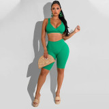 Women Summer Solid Color Backless Crop Top And Shorts Casual Sports Two Piece Set