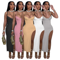 Frauen Sexy Low-Cut Backless Solid Color Straps Slit Figurbetontes Kleid