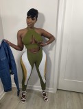 Frauen Sexy Neckholder Backless Print Crop Top und Hose zweiteiliges Set