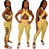 Women Summer Tight Ties Sports Wear Bodysuit And Pant Two Piece Set
