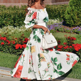 Women Summer Print Off Shoulder Width Maxi Dress