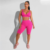 Women Summer Solid Color Backless Crop Top And Shorts Casual Sports Two Piece Set