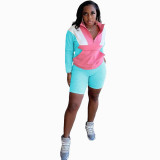 Women Spring Color Blocking Zipper Long Sleeve Tops And Shorts Sports Two-Piece Set