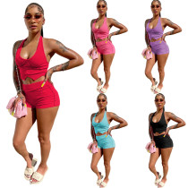 Frauen Sexy Sommer Sexy Volltonfarbe Crop Top und Shorts zweiteiliges Set