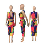Frauen-Schnür-Schlauchoberteil, bunt bedrucktes Kleid, zweiteiliges Set