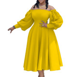 Plus Size Women Spring Solid Color Off-Shoulder Dress