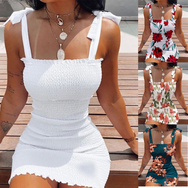 European and American summer print lace-up straps slim sexy pleated female dress