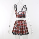 Gothic European and American spring and summer short skirt sexy plaid vest top women's clothing set