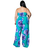 Plus size women's summer sleeveless flower print strapless loose jumpsuit