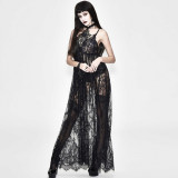 Gothic European and American spring and summer dress solid color sexy lace see through mini dress women's clothing