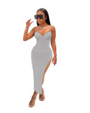 Women Sexy Low-Cut Backless Solid Color Straps Slit Bodycon Dress