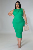 Plus Size Women Fashion Solid Color Sleeveless Round Neck Back Zipper Dress
