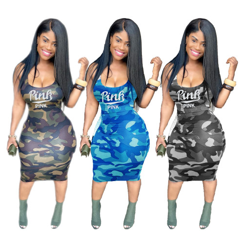 European and American sexy camouflage U-neck letter straps bodycon dress