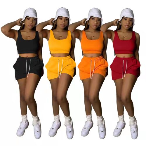 European and American women's summer solid color sports casual two-piece shorts set