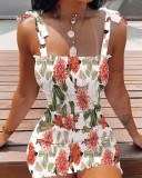 European and American summer print lace-up straps slim sexy pleated female dress