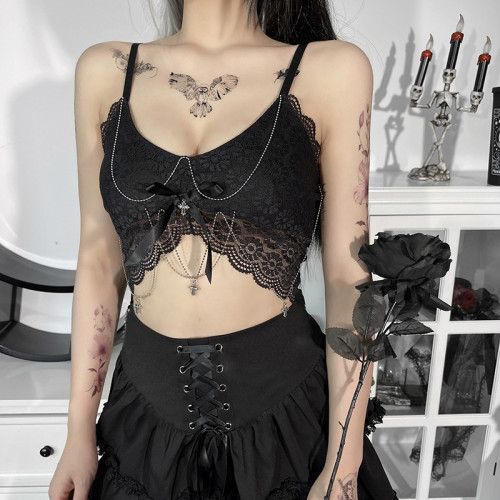 Gothic European and American spring and summer small straps solid color sexy backless lace vest top women's clothing