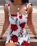 Europese en Amerikaanse zomerprint veterbandjes slanke sexy geplooide vrouwelijke jurk