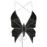 Summer women's fashion sexy halter neck backless bow beaded slim Camisole women vest