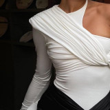 Spring/Summer Tight Sexy One Shoulder Long sleeve Pleated bodysuit
