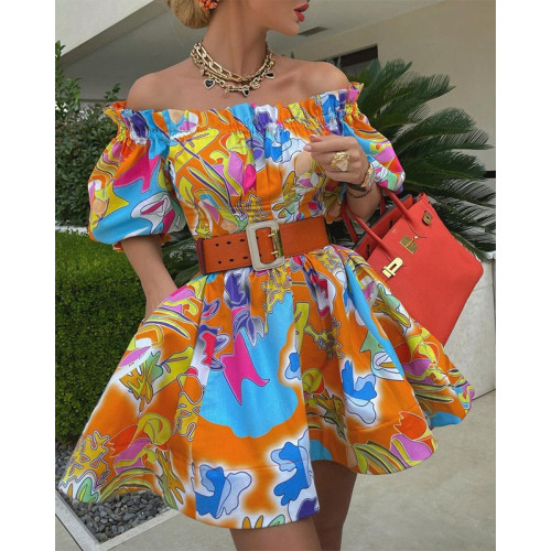 off shoulder multicolor print dress with belt