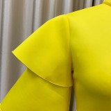 Women Summer Yellow Modest Turtleneck Half Sleeves Solid Cascading Ruffle Maxi Skater Dress