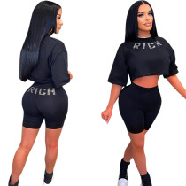 Women's Summer RICH Hot Diamond Round Neck Cropped Short Sleeve Shorts Casual Suit