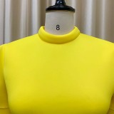Women Summer Yellow Modest Turtleneck Half Sleeves Solid Cascading Ruffle Maxi Skater Dress