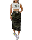 Women's Letter print Vest and Drawstring Slit Skirt Set