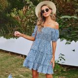 Spring and summer small floral sexy one-shoulder bandeau print dress