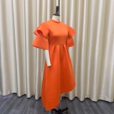 Women Summer Orange Modest Turtleneck Half Sleeves Solid Cascading Ruffle Maxi Skater Dress