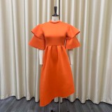 Women Summer Orange Modest Turtleneck Half Sleeves Solid Cascading Ruffle Maxi Skater Dress