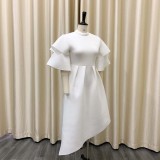 Women Summer White Modest Turtleneck Half Sleeves Solid Cascading Ruffle Maxi Skater Dress