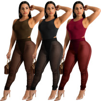 Fashion Women Summer Solid Color Mesh See Through Pant Two Piece Set