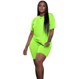 Summer Women Round Neck Short Sleeve Top And Shorts Solid Color Two Piece Set