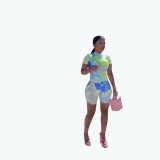 Women Summer Causal Tie-Dye Round Neck Top And Shorts Two-Piece Set