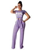 Ladies Fashion Casual Cropped Navel Short Sleeve Printed Two Piece Pants Set