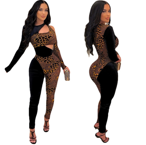Women's Leopard Print Cutout Patchwork Sexy Long Sleeve Tight Jumpsuit