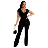 Sexy Women's Solid Color Short Sleeve Flared  Ladies Jumpsuit
