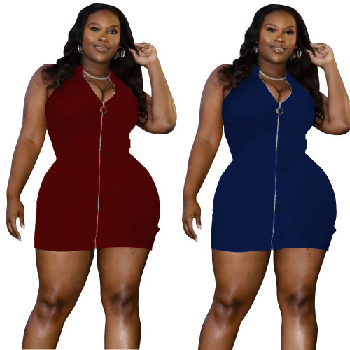 Robe de dames sexy à fermeture à glissière de couleur unie à la mode d'été de grande taille