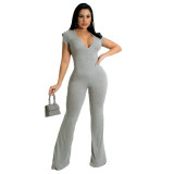 Sexy Women's Solid Color Short Sleeve Flared  Ladies Jumpsuit