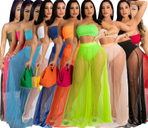 Durchsichtiges sexy Bandeau-Zweiteiler-Set aus plissiertem Mesh für Damen